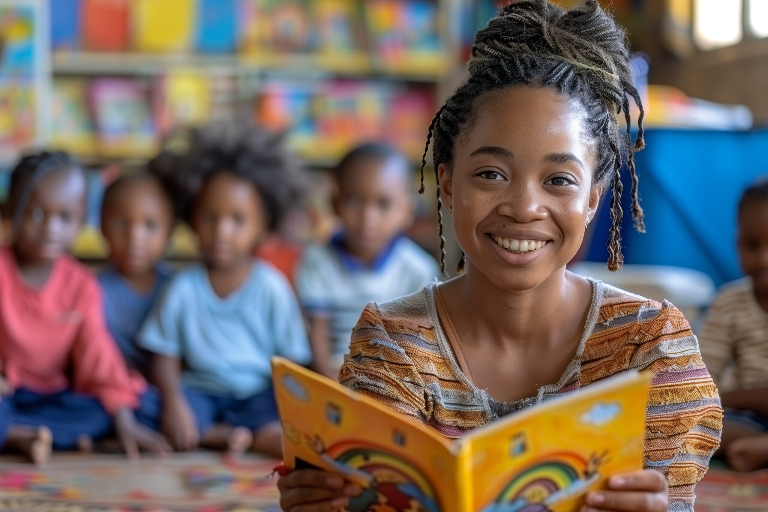 Smiling Woman Reading Book to Children in a Classroom